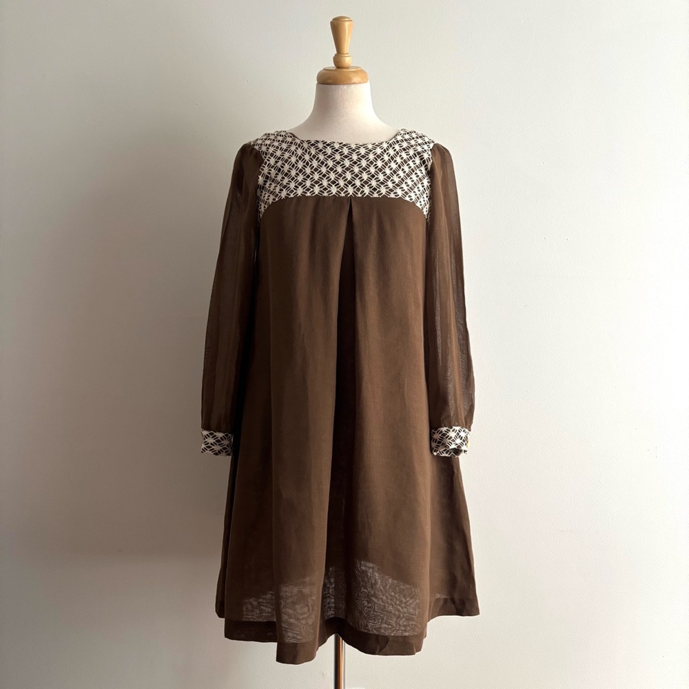 Vintage 1960s Brown with Cream Lace Babydoll Mini Dress / S